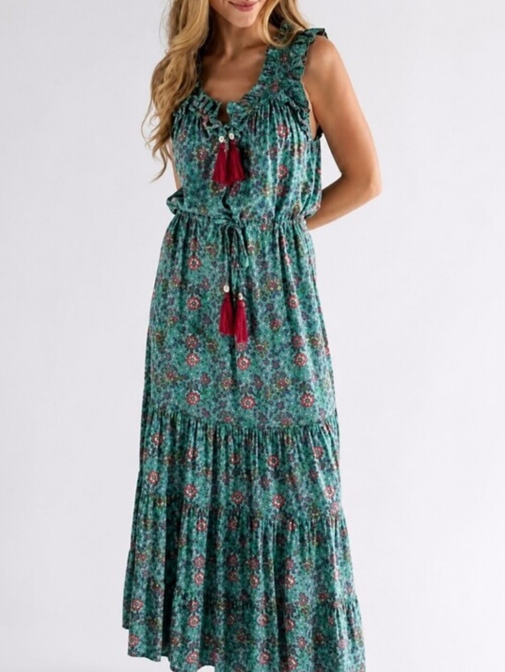 Natural Life Ruffle Tassel Floral Maxi Dress Teal Pink Size Medium Boho